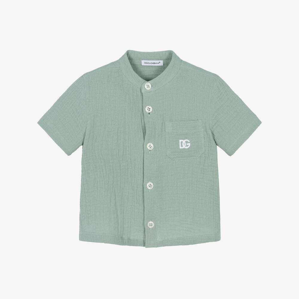 Dolce & Gabbana-Boys Green Muslin Collarless Shirt | Childrensalon