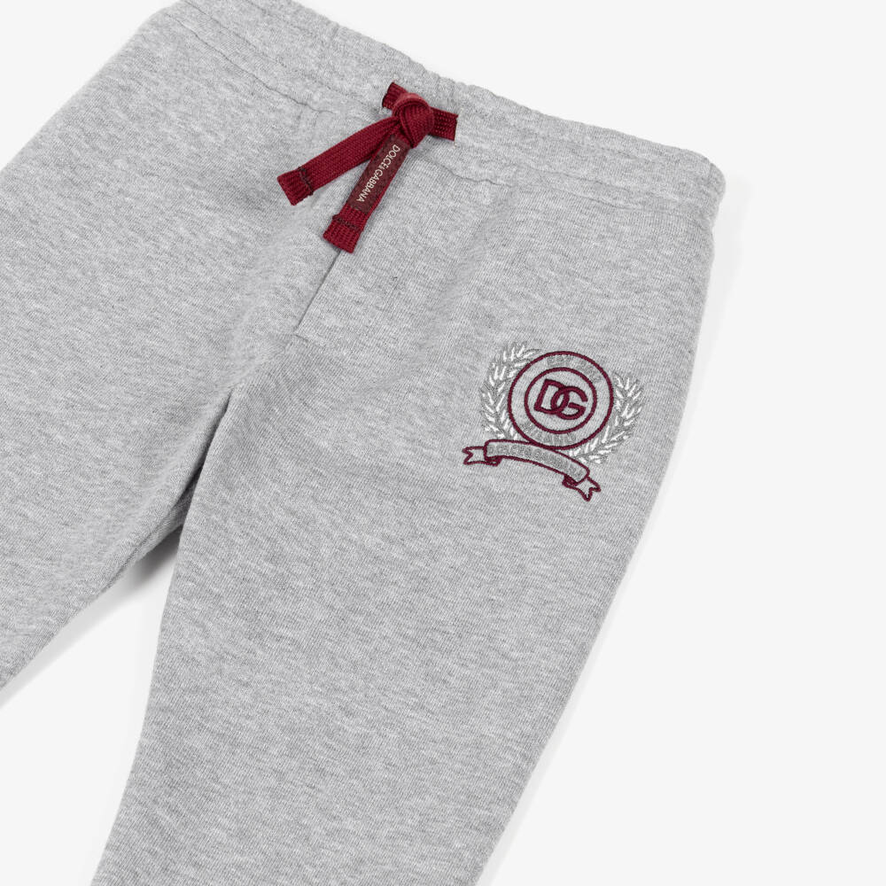 Dolce & Gabbana-Boys Grey Cotton Joggers with Burgundy Trim & Logo | Childrensalon