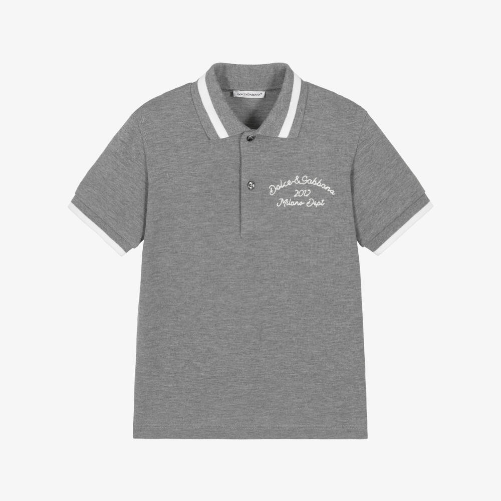 Dolce & Gabbana-Boys Grey Cotton Piqué Polo Shirt with Embroidered Logo | Childrensalon