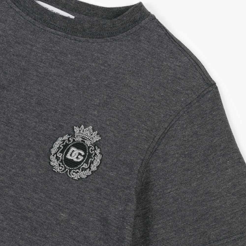 Dolce & Gabbana-Boys Grey Cotton T-Shirt with DG Crest Logo | Childrensalon