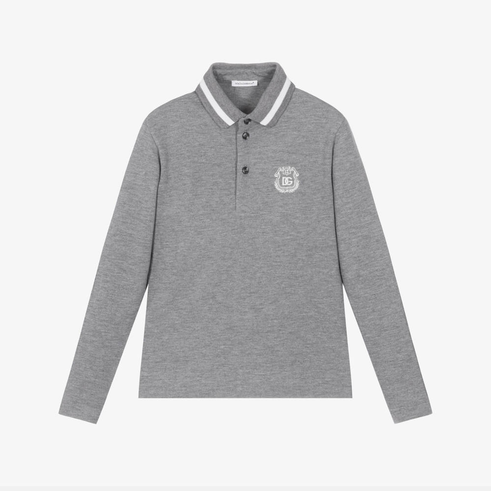 Dolce & Gabbana-Boys Grey Long Sleeve Piqué Polo Shirt | Childrensalon