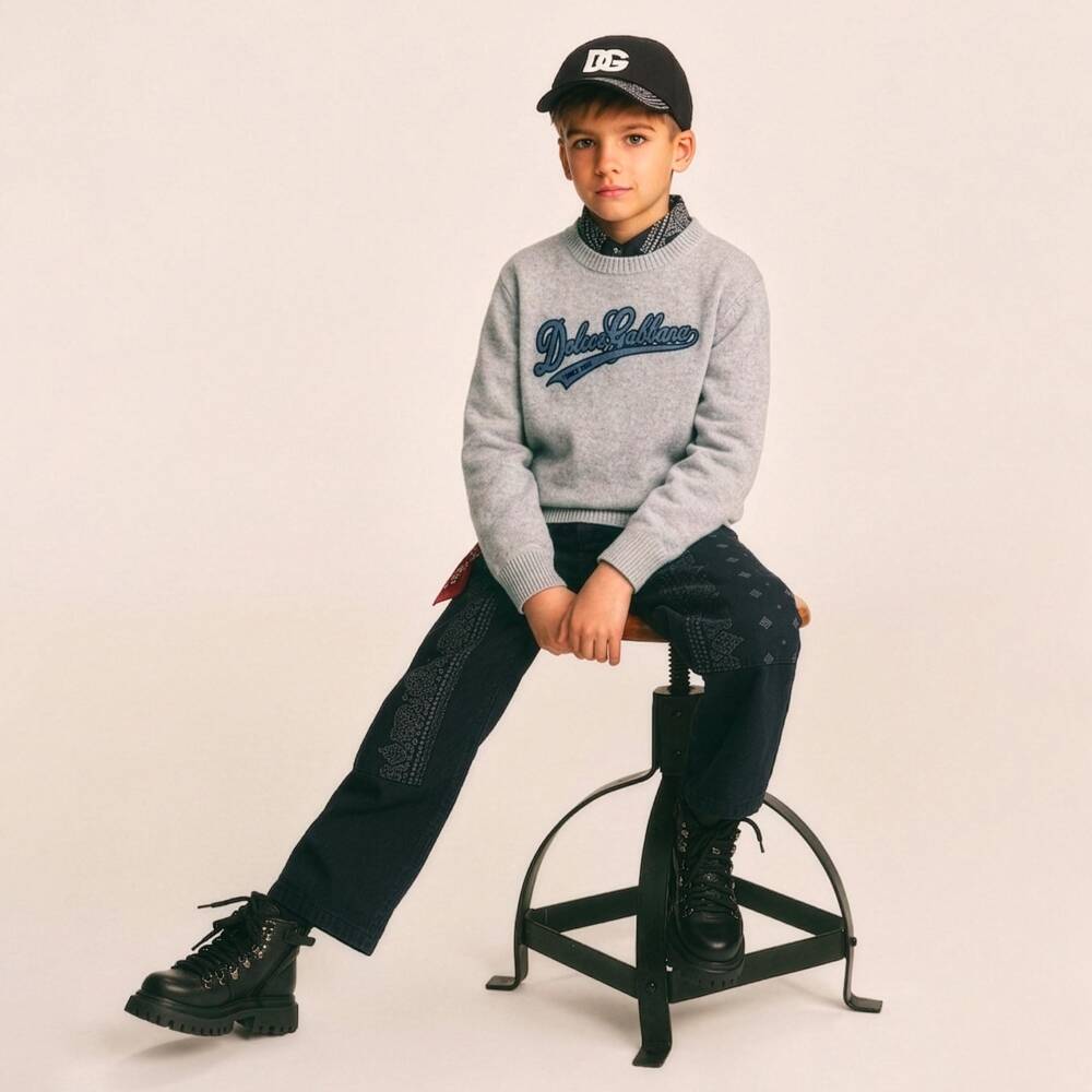 Dolce & Gabbana-Boys Grey Virgin Wool Sweater with Varsity-Style Logo | Childrensalon