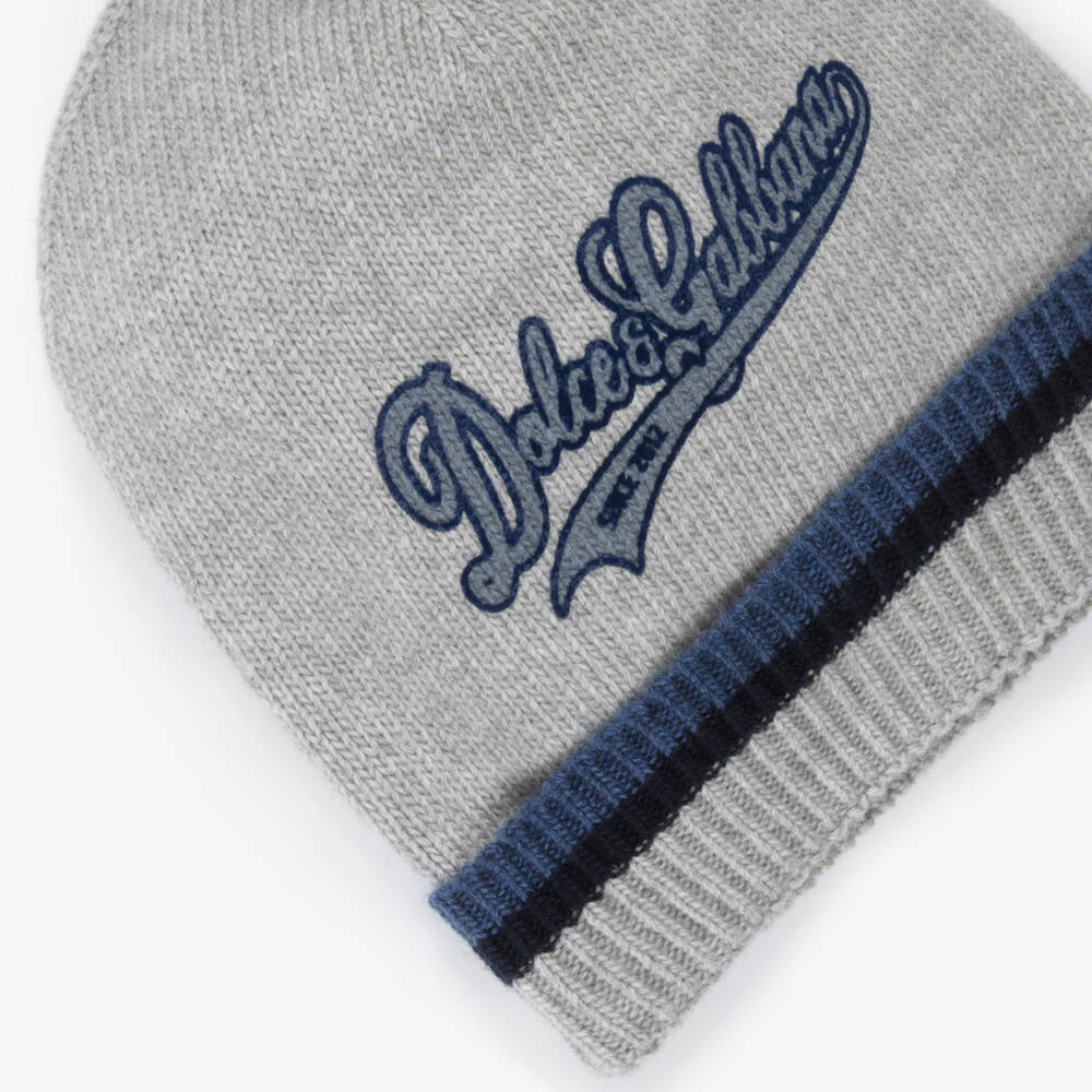 Dolce & Gabbana-Boys Grey Wool Knit Beanie Hat with Varsity-Style Logo | Childrensalon