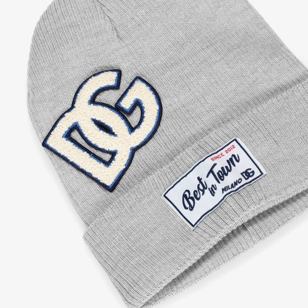 Dolce & Gabbana-Boys Grey Wool Knit Beanie with DG Logo | Childrensalon