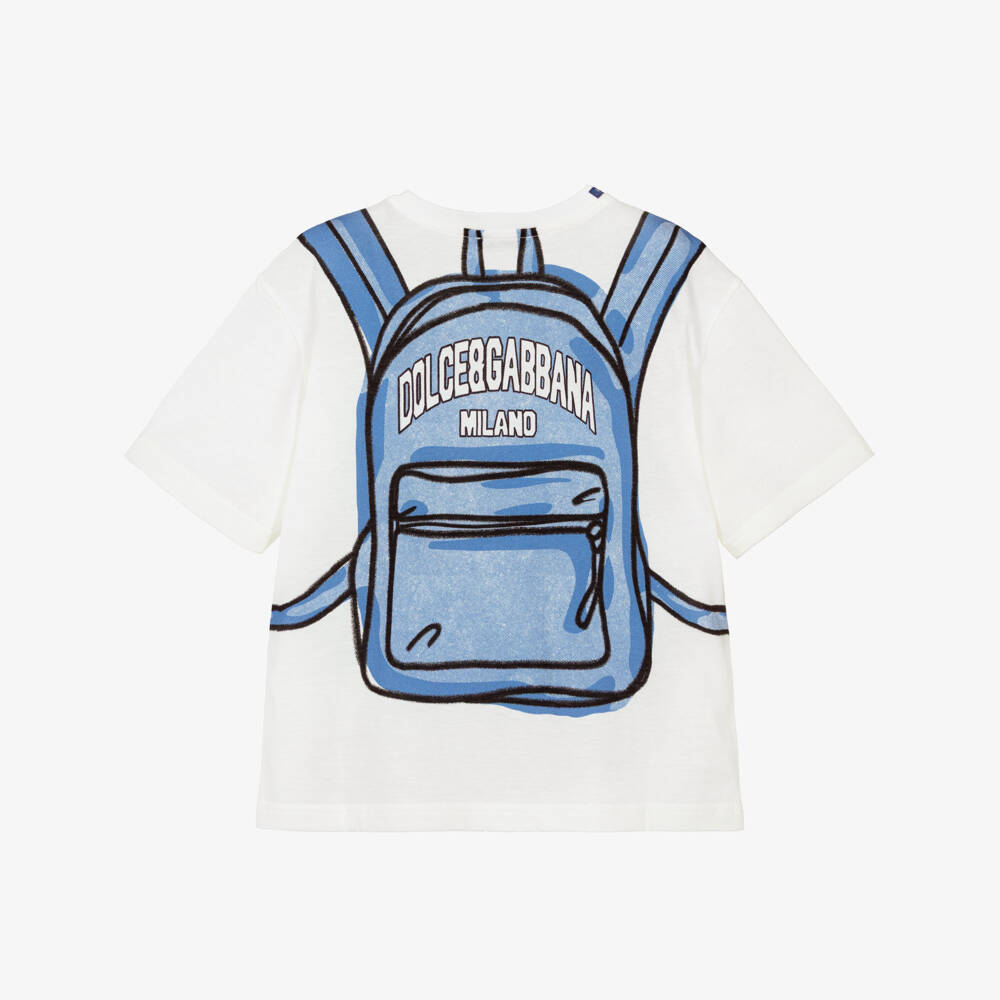 Dolce & Gabbana-Boys Ivory & Blue Backpack Print Cotton T-Shirt | Childrensalon