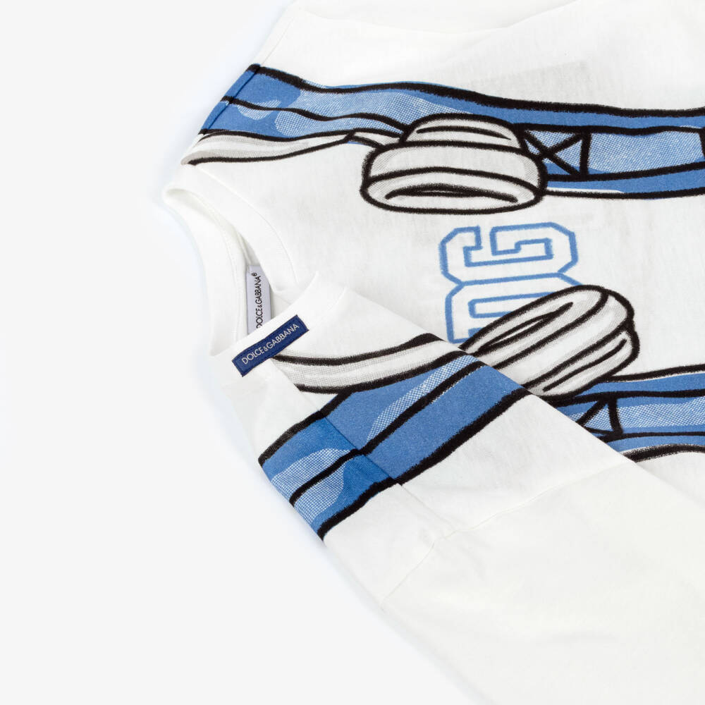 Dolce & Gabbana-Boys Ivory & Blue Backpack Print Cotton T-Shirt | Childrensalon