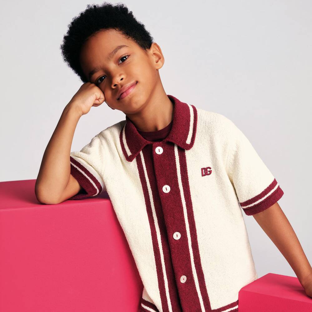Dolce & Gabbana-Boys Ivory & Burgundy Red Knitted Shirt | Childrensalon