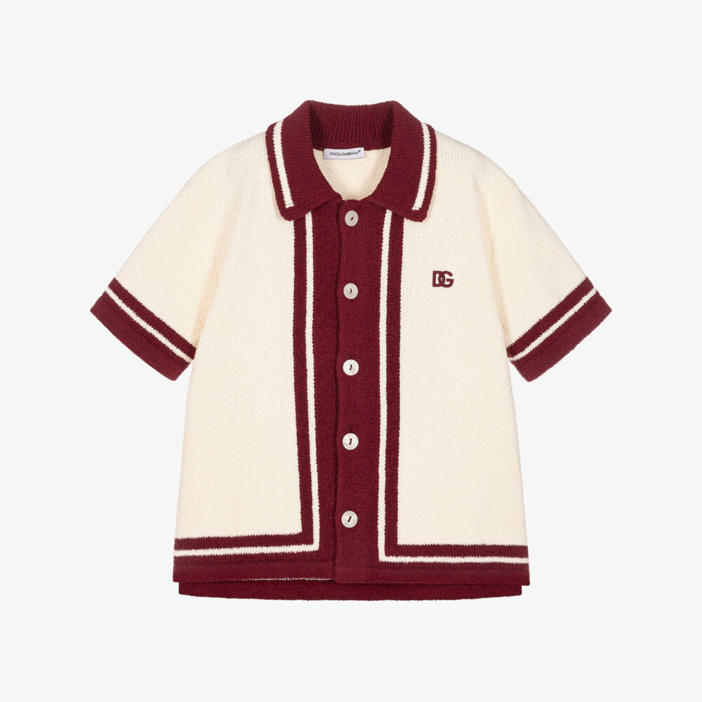 Dolce & Gabbana-Boys Ivory & Burgundy Red Knitted Shirt | Childrensalon