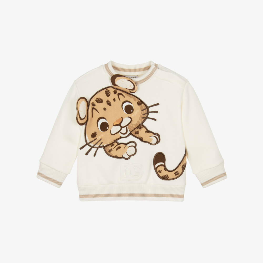 Dolce & Gabbana-Boys Ivory Cotton 3D Leopard Sweatshirt with DG Logo | Childrensalon