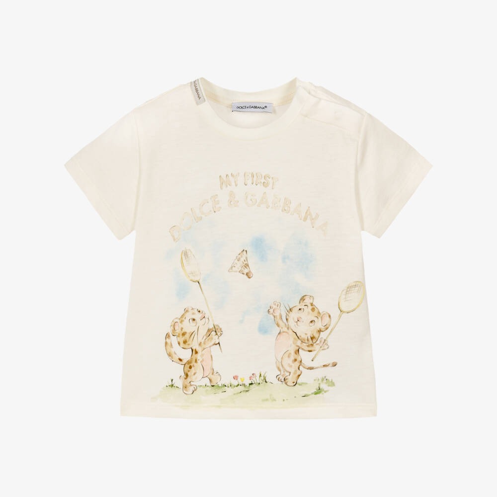 Dolce & Gabbana-Boys Ivory Cotton T-Shirt with Leopard Cubs | Childrensalon