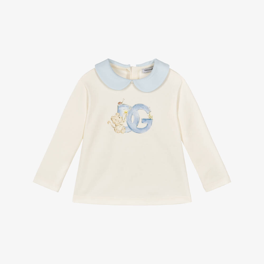 Dolce & Gabbana-Boys Ivory Cotton Top with Baby Leopard & DG Logo | Childrensalon