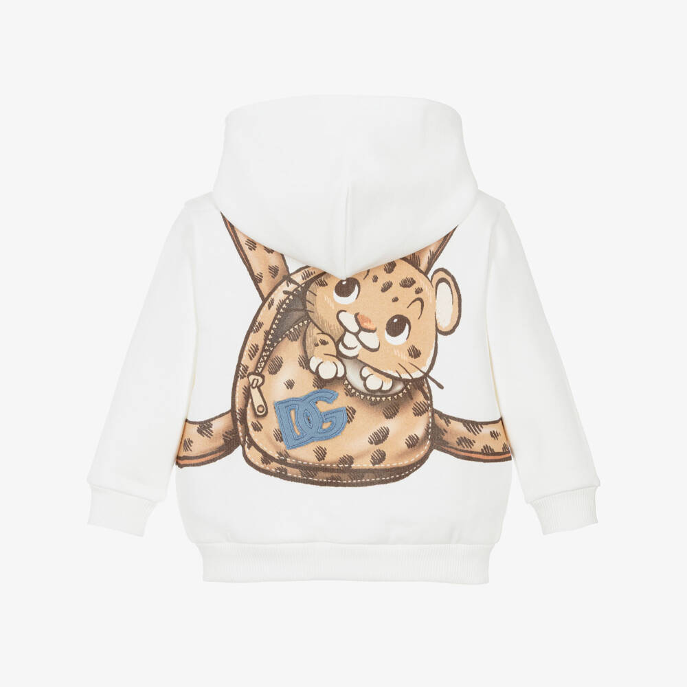 Dolce & Gabbana-Boys Ivory Cotton Zip-Up Top with Leopard Backpack Print | Childrensalon