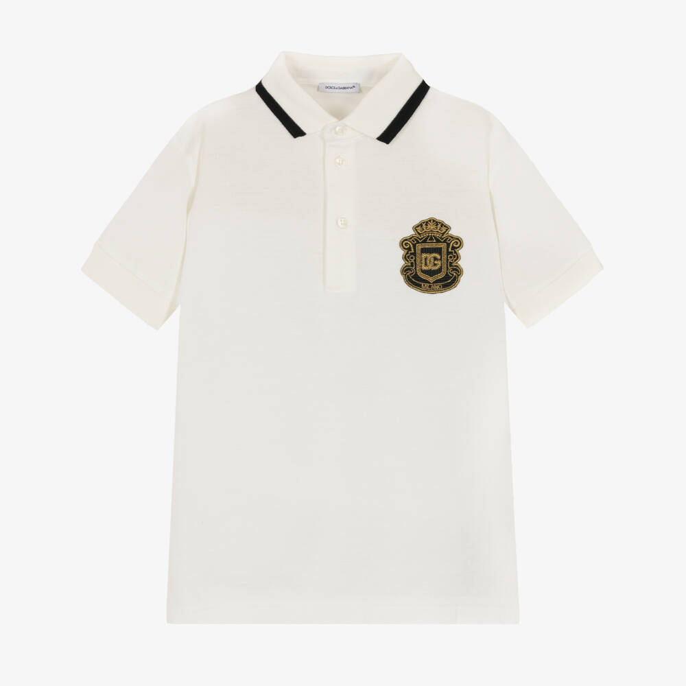 Dolce & Gabbana-Boys Ivory Piqué Polo Shirt with DG Heraldic Patch | Childrensalon