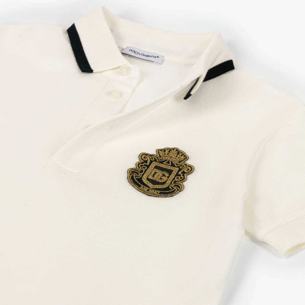 Dolce & Gabbana-Boys Ivory Piqué Polo Shirt with DG Heraldic Patch | Childrensalon