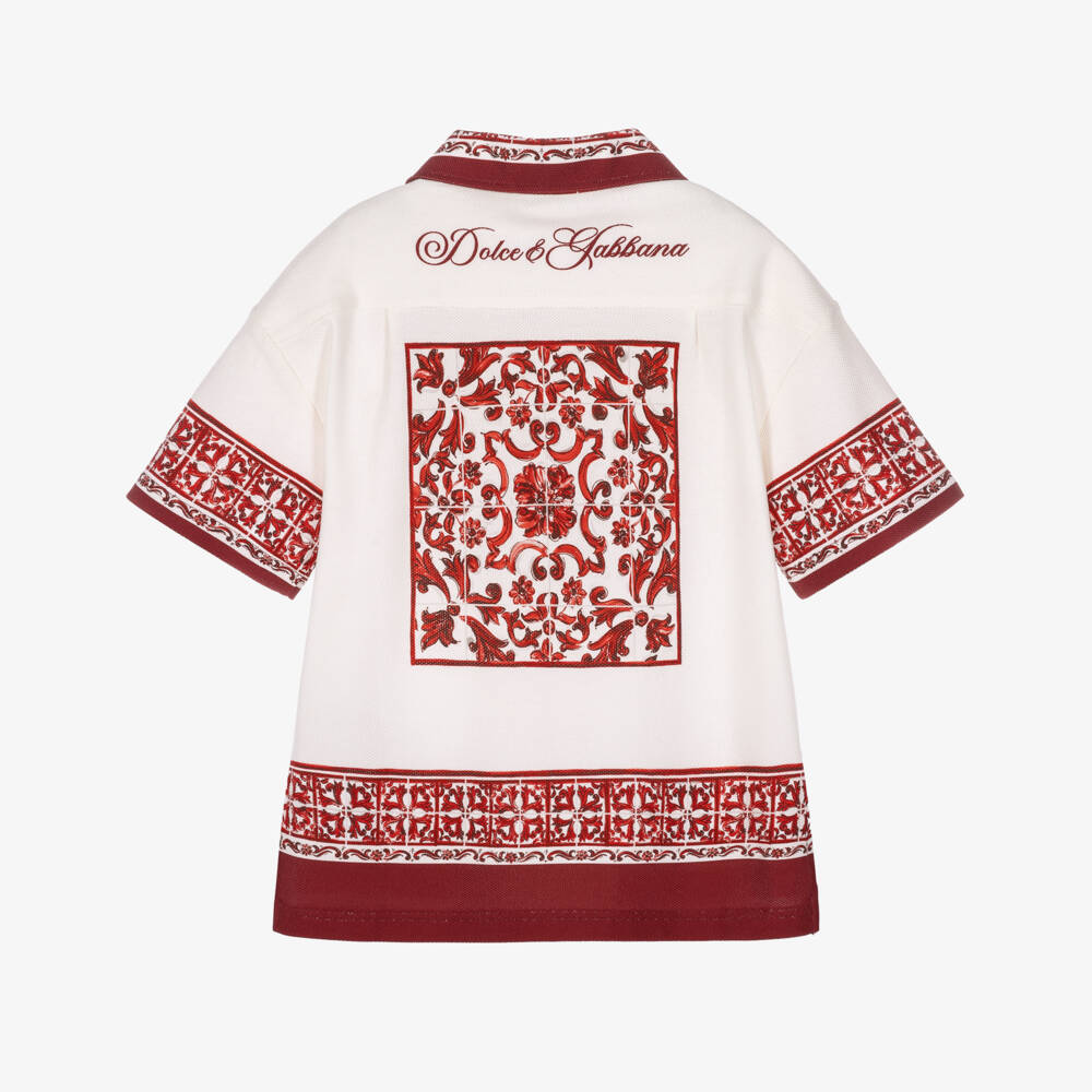 Dolce & Gabbana-Boys Ivory Piqué Shirt with Red Majolica Print | Childrensalon