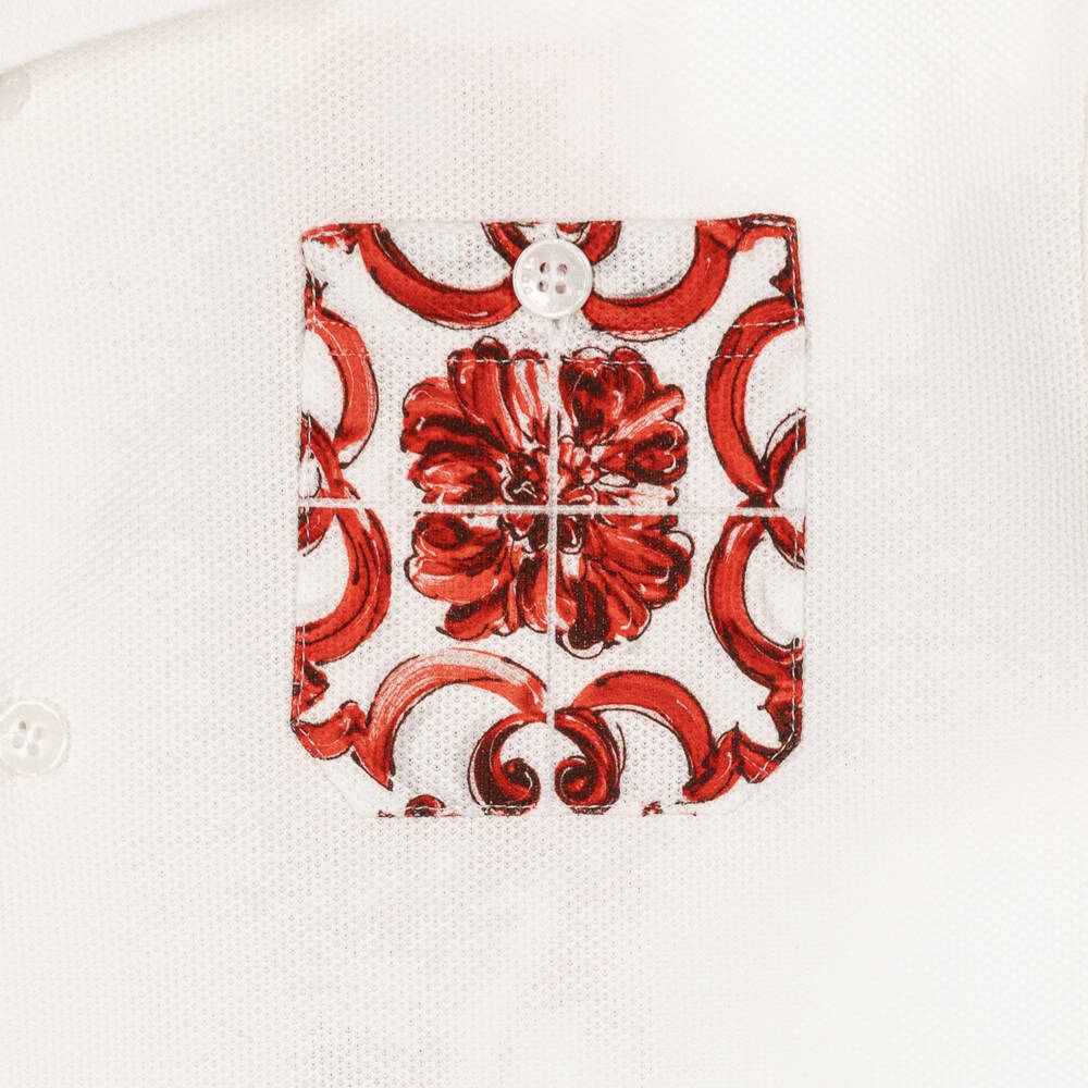 Dolce & Gabbana-Boys Ivory Piqué Shirt with Red Majolica Print | Childrensalon