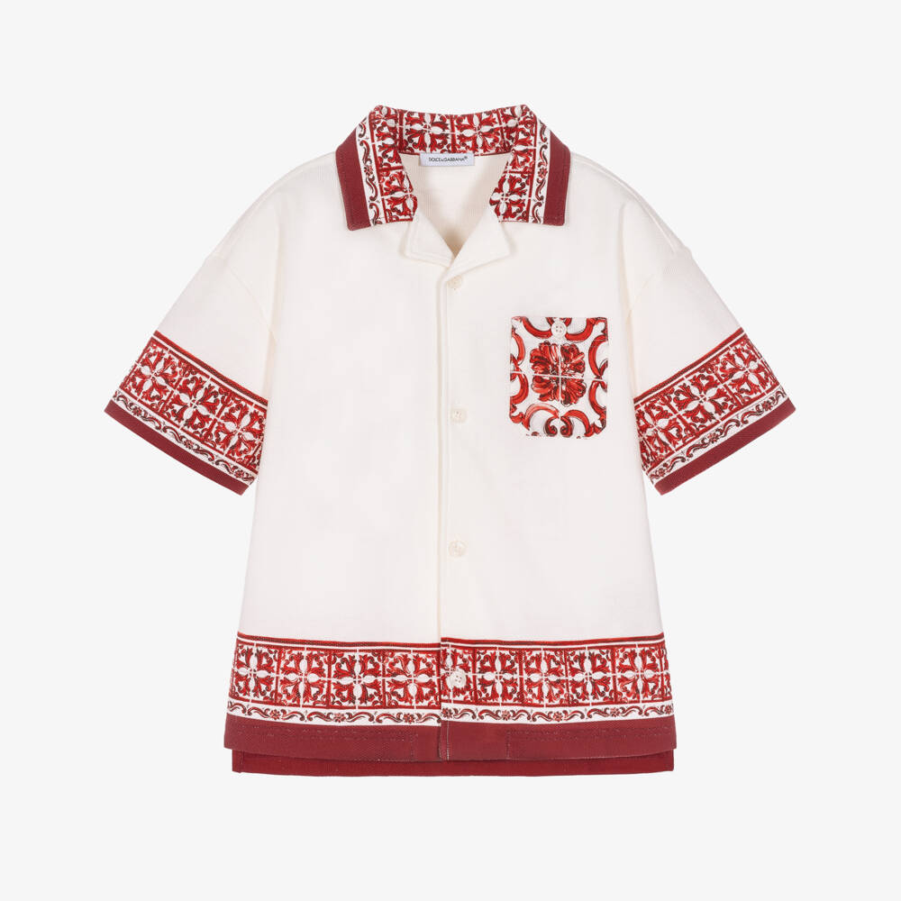 Dolce & Gabbana-Boys Ivory Piqué Shirt with Red Majolica Print | Childrensalon