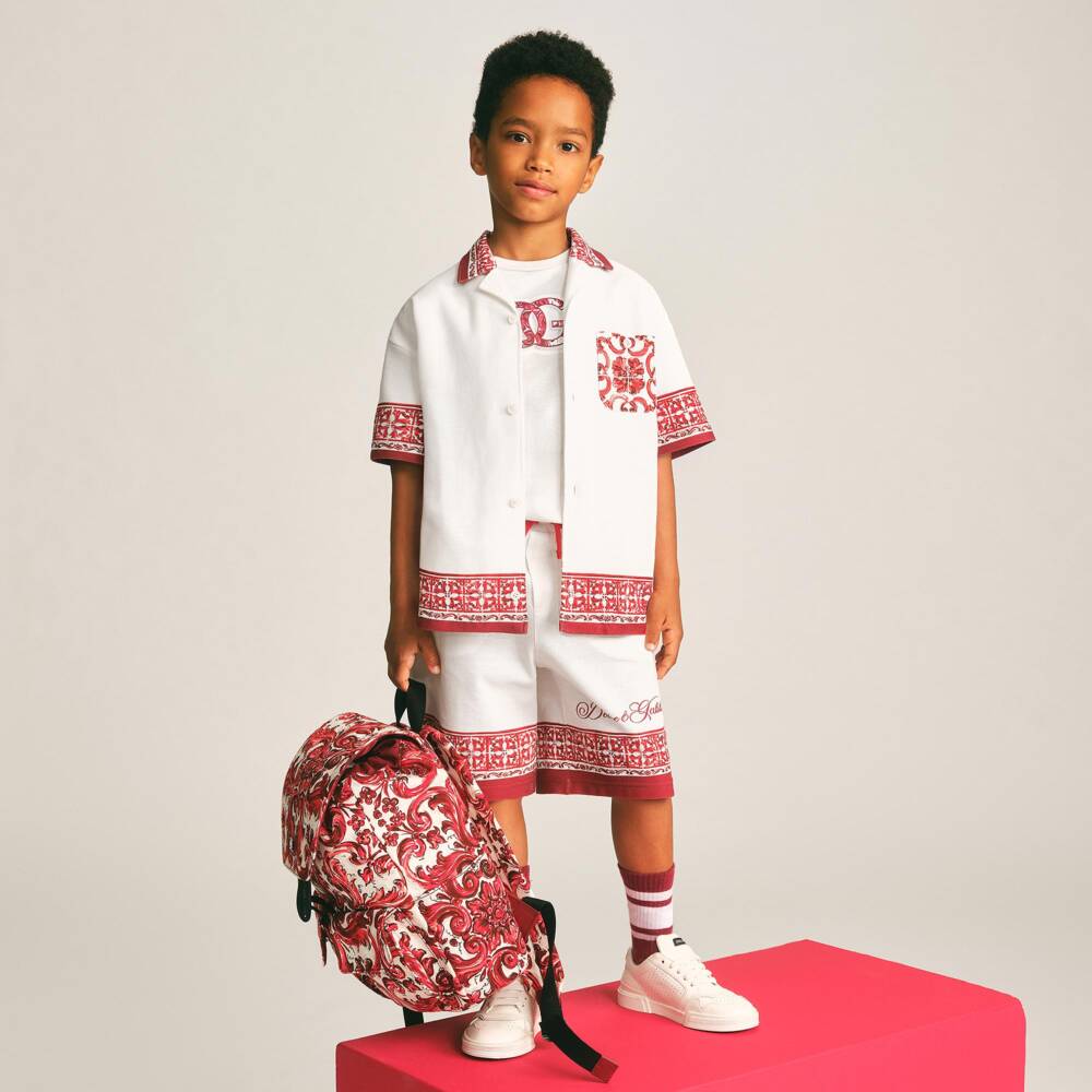Dolce & Gabbana-Boys Ivory Piqué Shorts with Red Majolica Print | Childrensalon