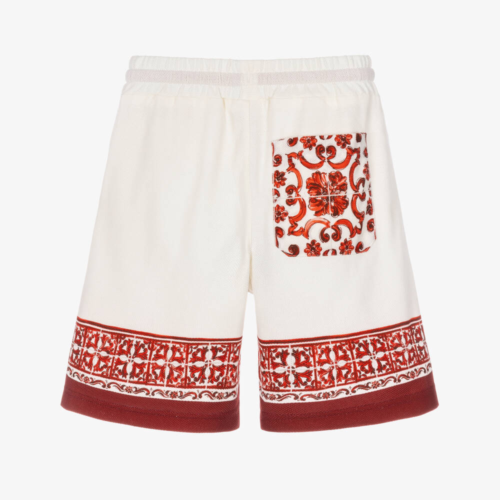 Dolce & Gabbana-Boys Ivory Piqué Shorts with Red Majolica Print | Childrensalon