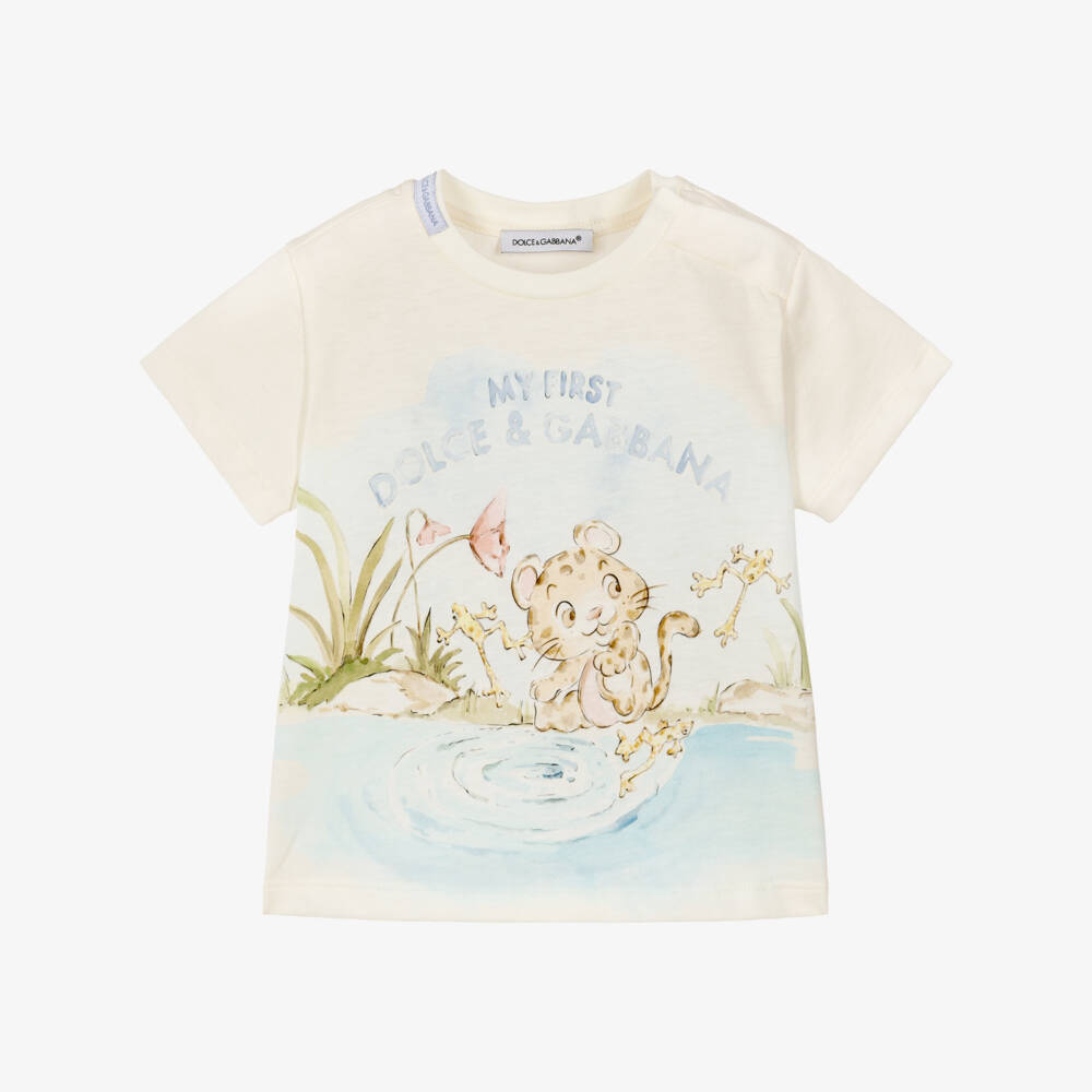 Dolce & Gabbana-Boys Ivory T-Shirt with Leopard Cub Illustration | Childrensalon