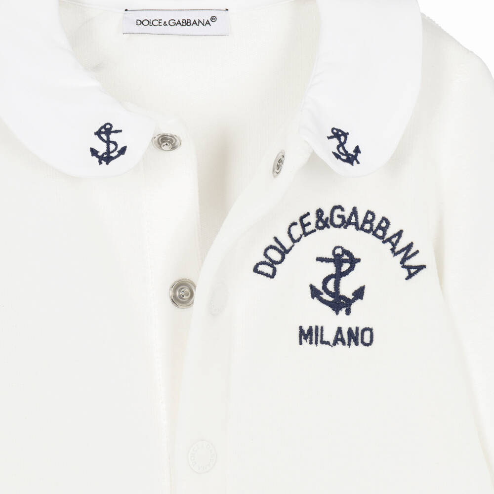 Dolce & Gabbana-Boys Ivory Velour Babygrow with Blue Anchor Embroidery | Childrensalon