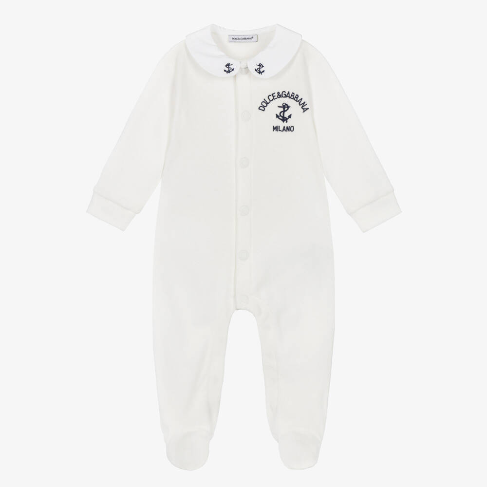 Dolce & Gabbana-Boys Ivory Velour Babygrow with Blue Anchor Embroidery | Childrensalon