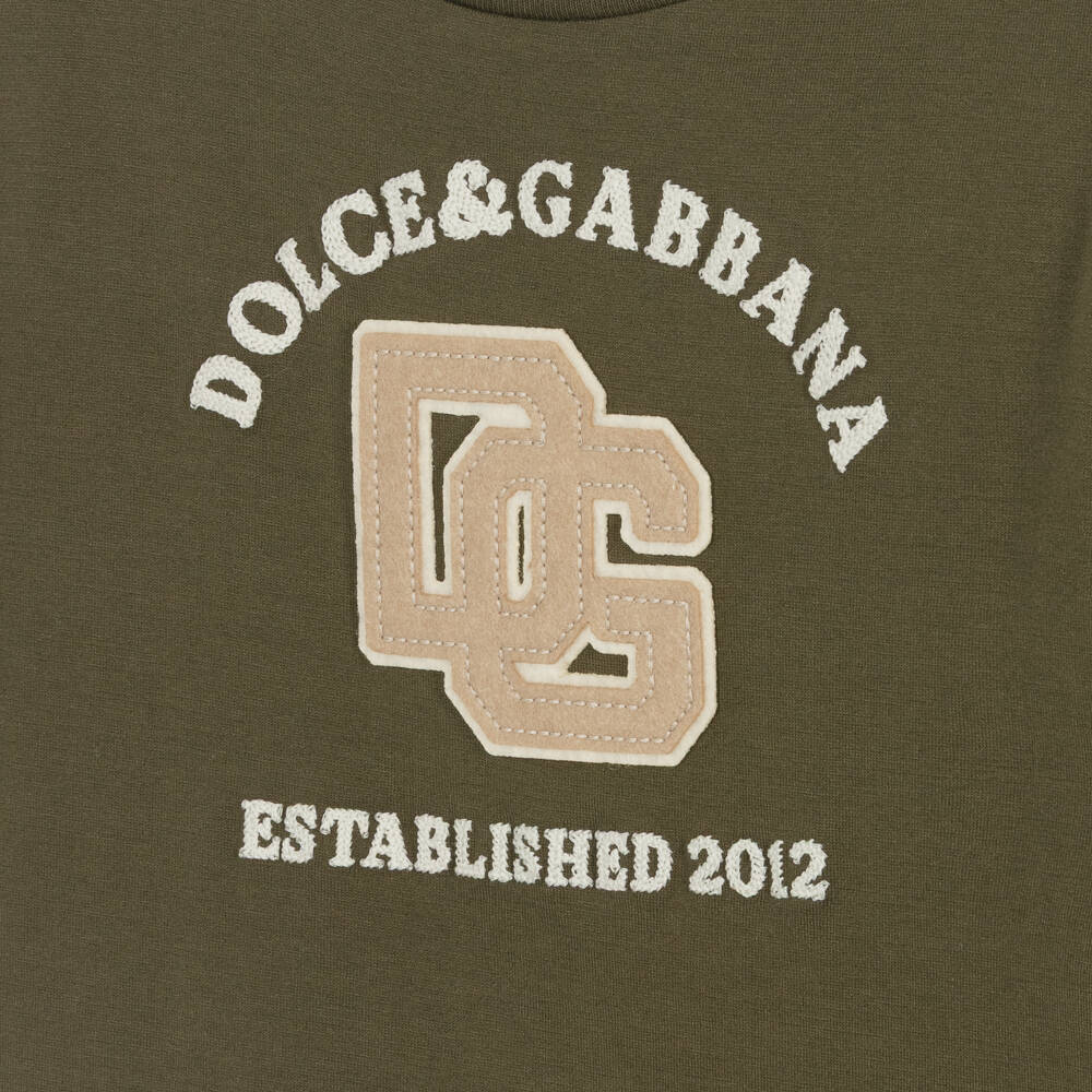 Dolce & Gabbana-Boys Khaki Green Cotton DG Appliqué T-Shirt | Childrensalon
