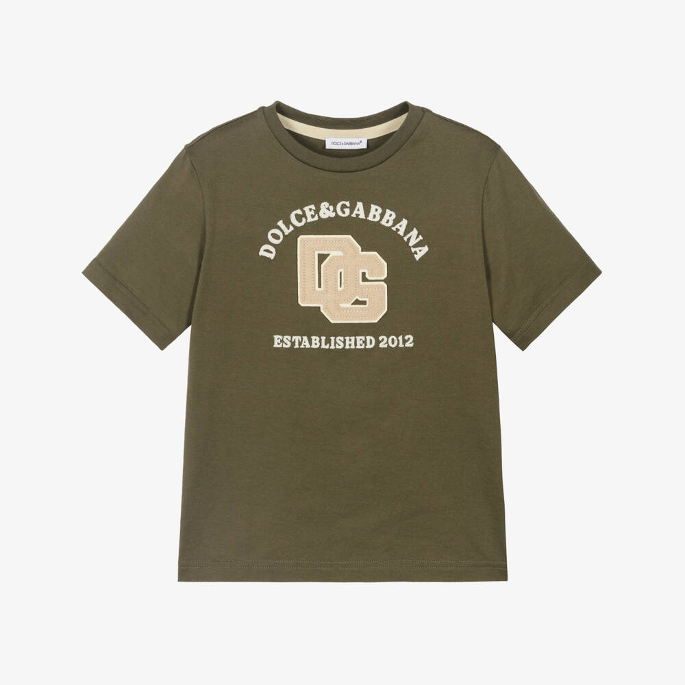 Dolce & Gabbana-Boys Khaki Green Cotton DG Appliqué T-Shirt | Childrensalon