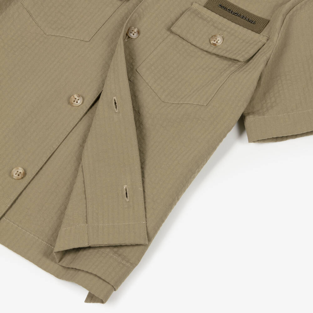 Dolce & Gabbana-Boys Khaki Green Cotton Seersucker Shirt | Childrensalon