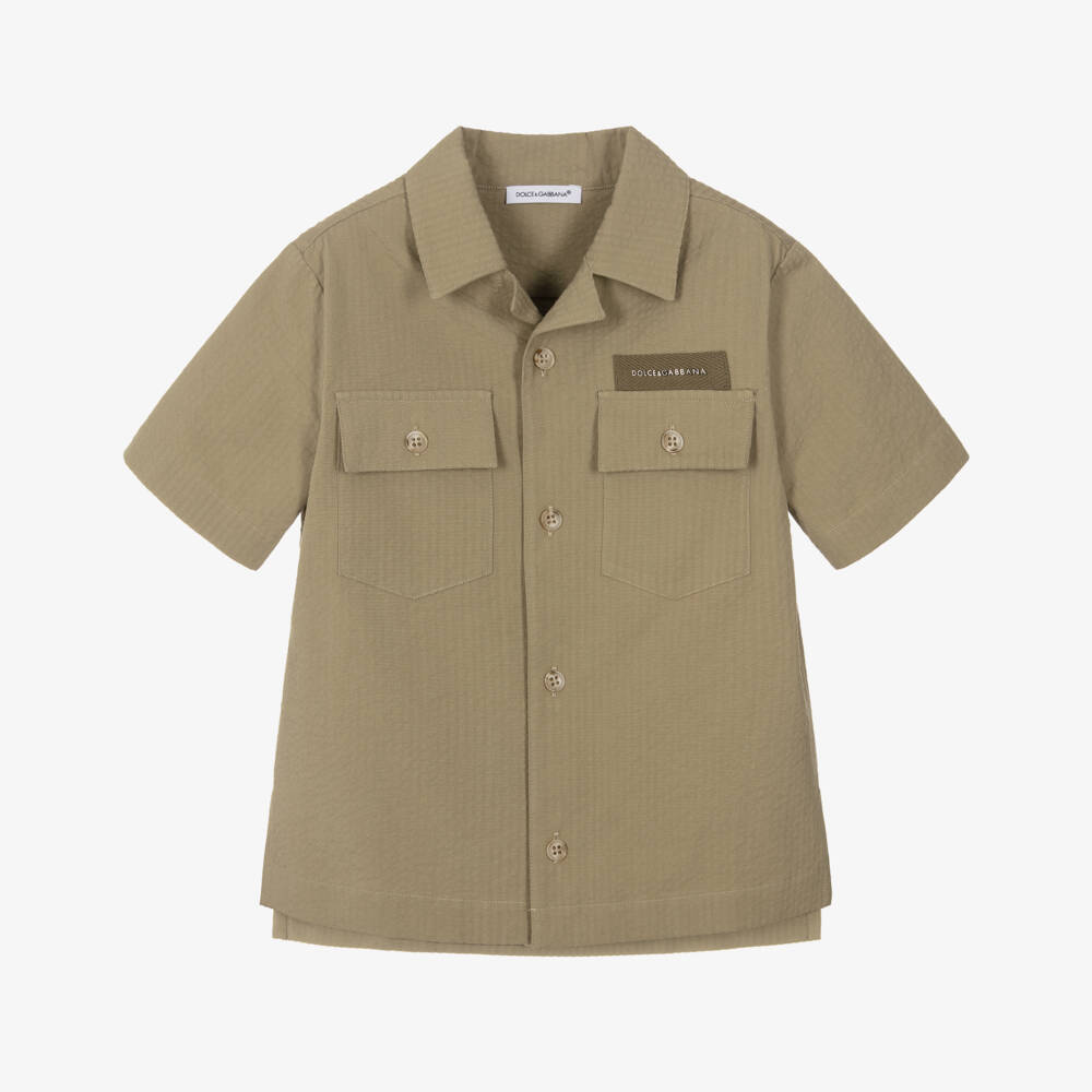 Dolce & Gabbana-Boys Khaki Green Cotton Seersucker Shirt | Childrensalon