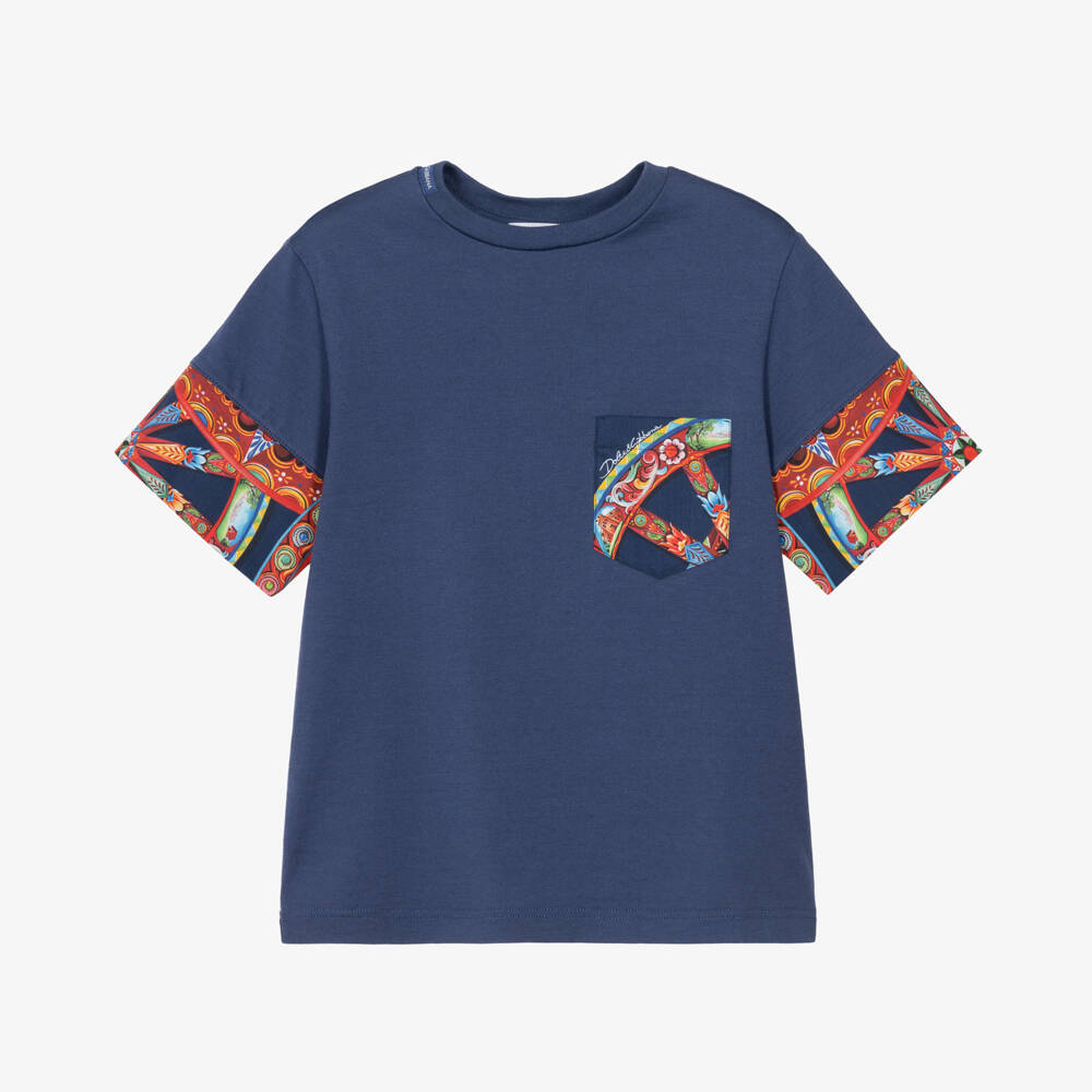 Dolce & Gabbana-Boys Navy Blue Cotton T-Shirt with Carretto Trims | Childrensalon