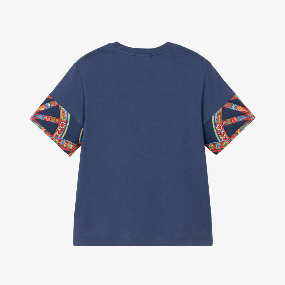 Dolce & Gabbana-Boys Navy Blue Cotton T-Shirt with Carretto Trims | Childrensalon