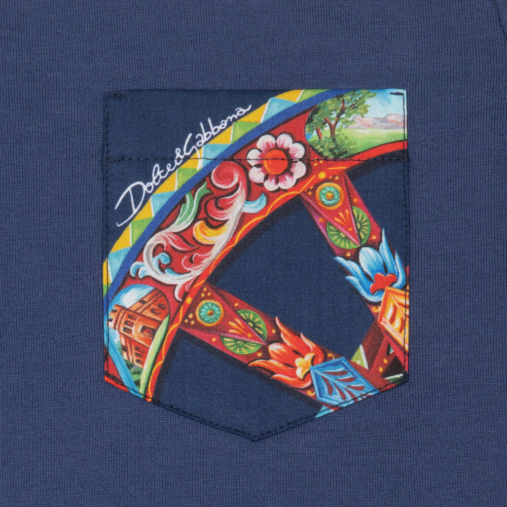 Dolce & Gabbana-Boys Navy Blue Cotton T-Shirt with Carretto Trims | Childrensalon