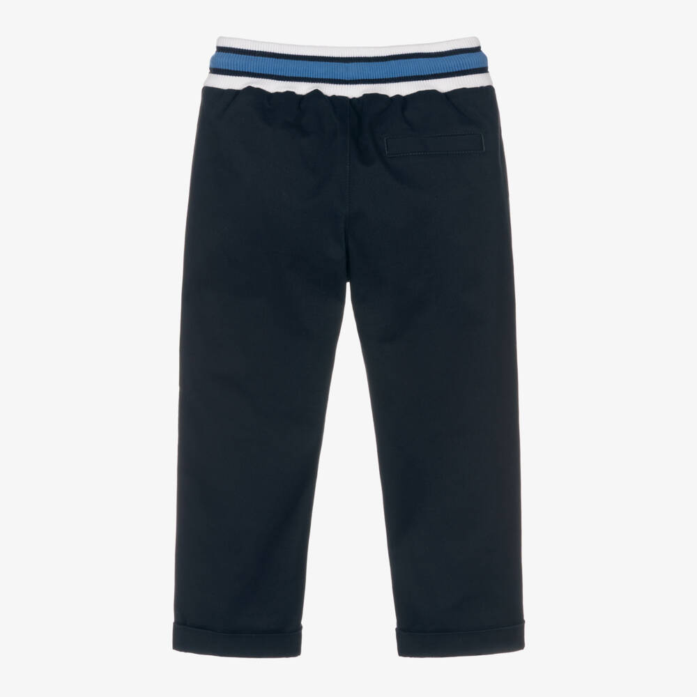 Dolce & Gabbana-Boys Navy Blue Cotton Trousers with Embroidered Crest Logo | Childrensalon