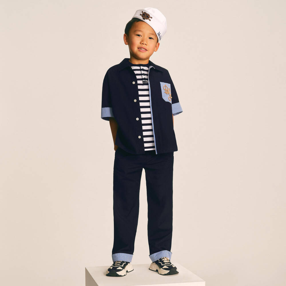 Dolce & Gabbana-Boys Navy Blue Cotton Trousers with Turn-Ups | Childrensalon