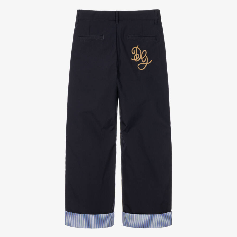 Dolce & Gabbana-Boys Navy Blue Cotton Trousers with Turn-Ups | Childrensalon