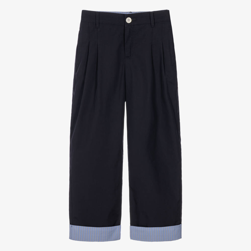 Dolce & Gabbana-Boys Navy Blue Cotton Trousers with Turn-Ups | Childrensalon