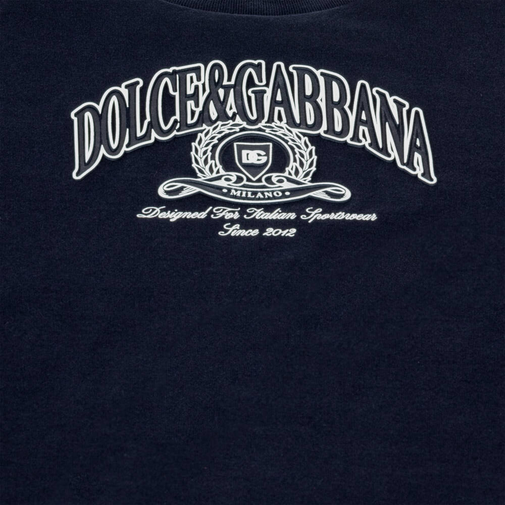 Dolce & Gabbana-Boys Navy Blue Crew Neck T-Shirt with Crest Logo | Childrensalon