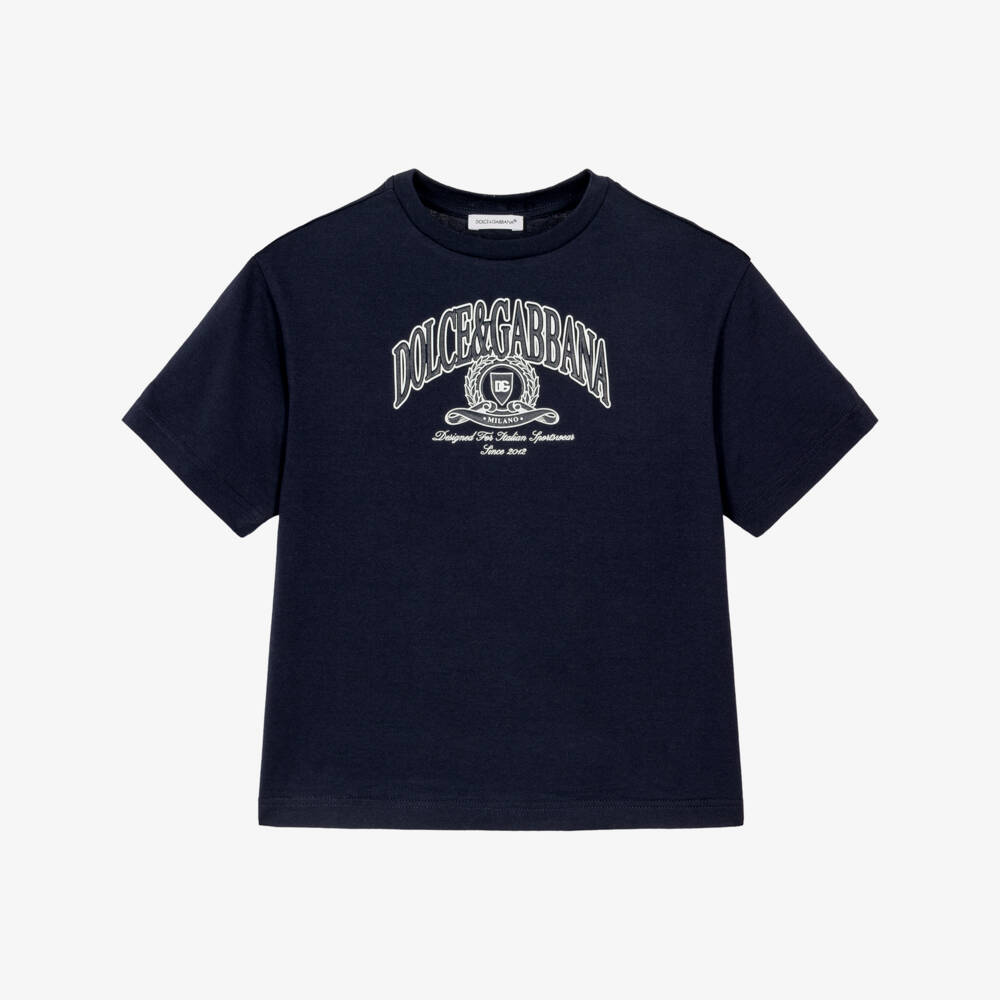 Dolce & Gabbana-Boys Navy Blue Crew Neck T-Shirt with Crest Logo | Childrensalon