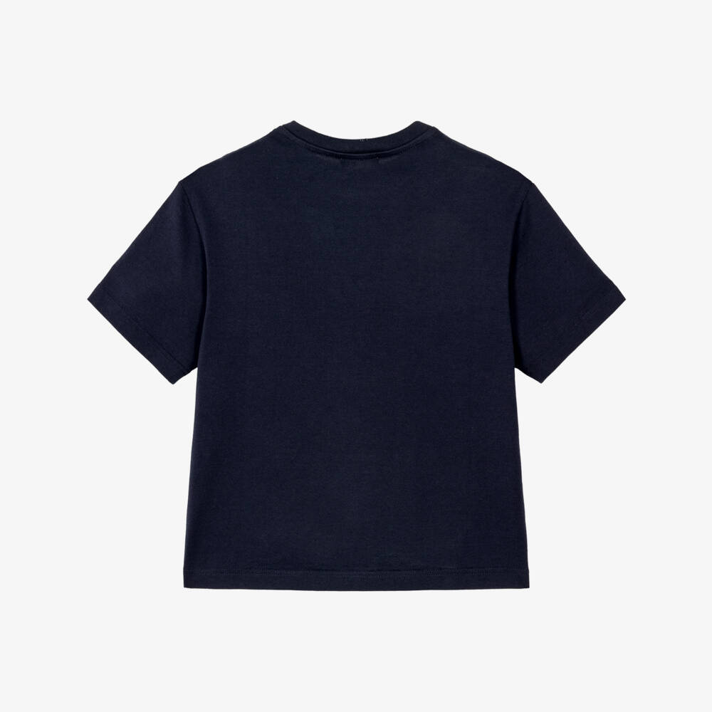 Dolce & Gabbana-Boys Navy Blue Crew Neck T-Shirt with Crest Logo | Childrensalon