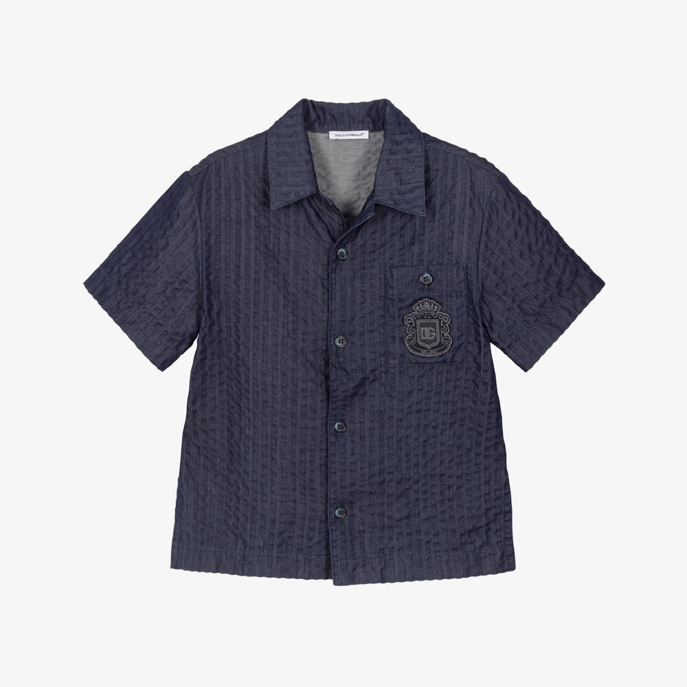 Dolce & Gabbana- Boys Navy Blue Denim Seersucker Shirt | Childrensalon