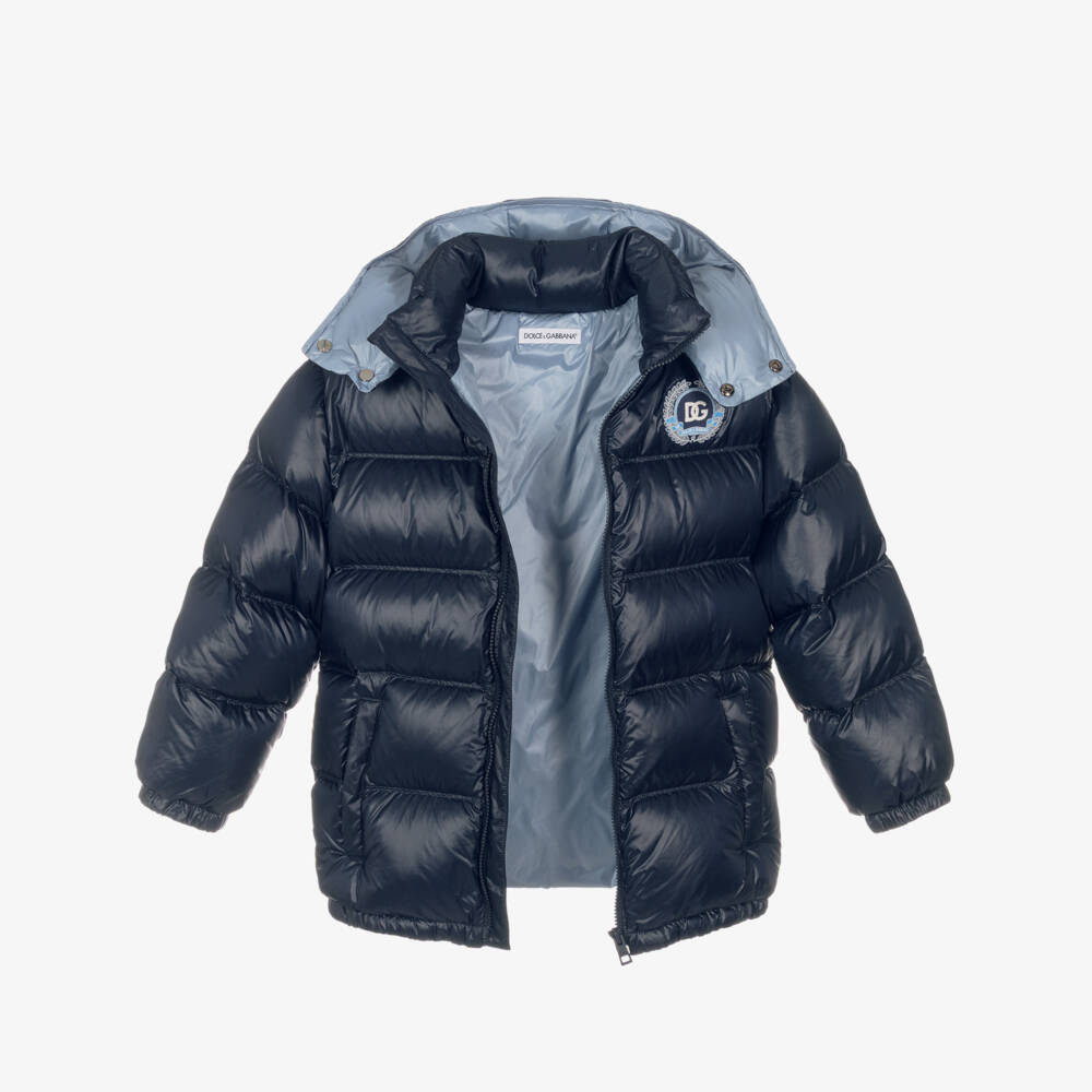 Dolce & Gabbana-Boys Navy Blue Down Padded Coat with DG Crest | Childrensalon