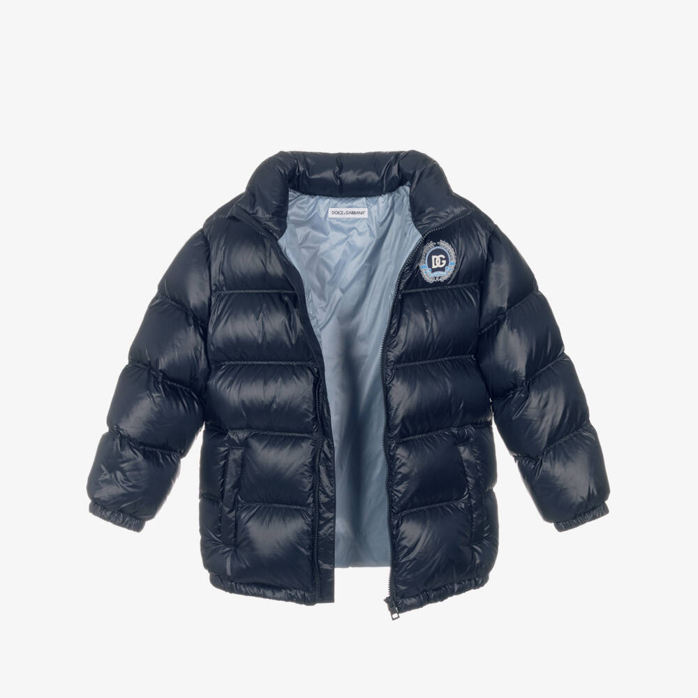 Dolce & Gabbana-Boys Navy Blue Down Padded Coat with DG Crest | Childrensalon