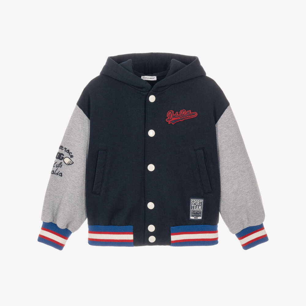 Dolce & Gabbana-Boys Navy Blue Hooded Varsity Jacket | Childrensalon