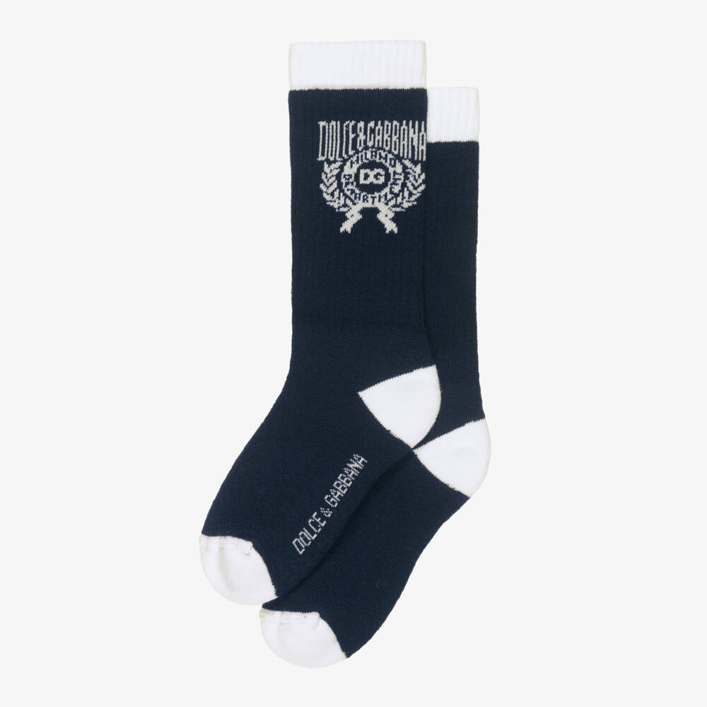 Dolce & Gabbana-Boys Navy Blue Knitted Socks with Crest Logo | Childrensalon