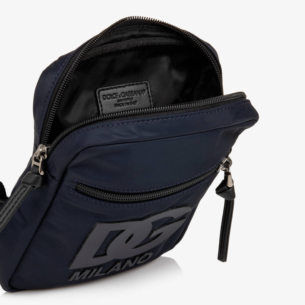 Dolce & Gabbana-Boys Navy Blue Nylon Crossbody Bag with DG Patch (20cm) | Childrensalon