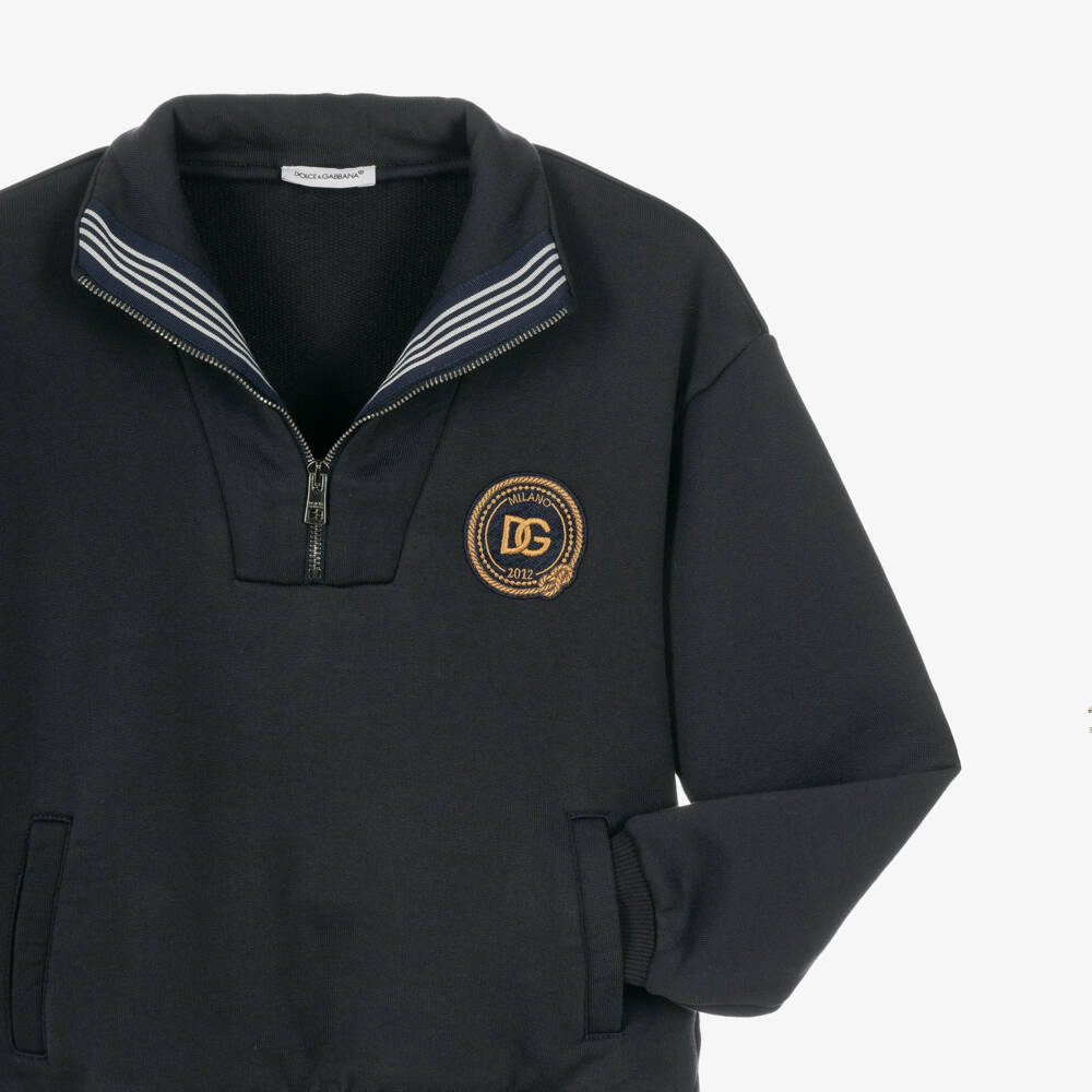 Dolce & Gabbana-Boys Navy Blue Quarter-Zip Sweatshirt with Marina Logo | Childrensalon