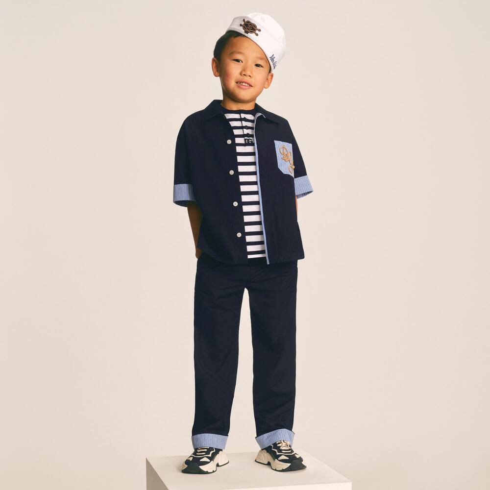 Dolce & Gabbana-Boys Navy Blue Shirt with Pocket Monogram | Childrensalon
