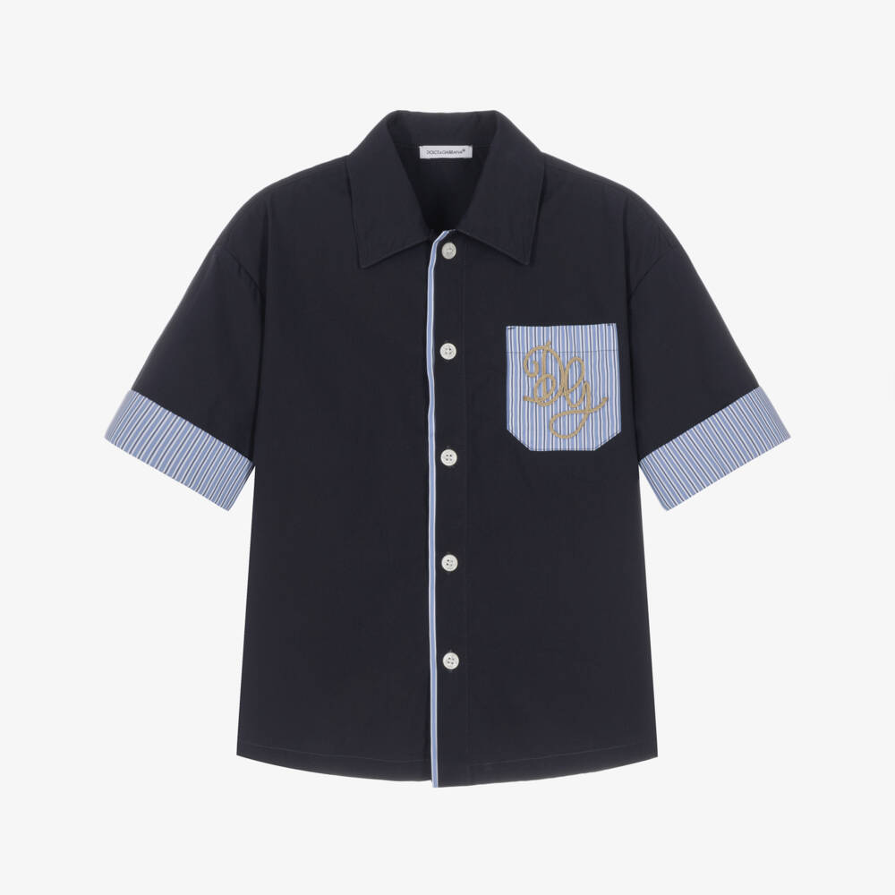 Dolce & Gabbana-Boys Navy Blue Shirt with Pocket Monogram | Childrensalon