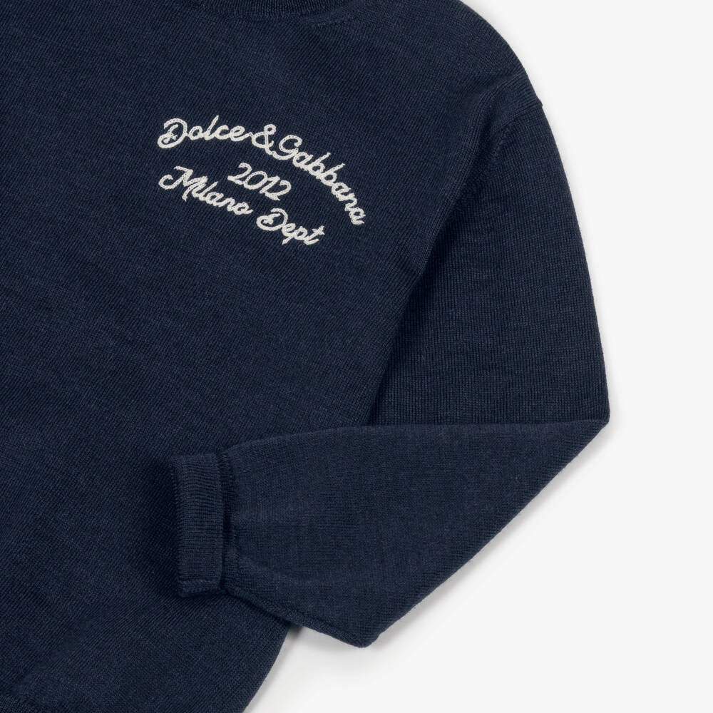 Dolce & Gabbana-Boys Navy Blue Wool Embroidered Sweater | Childrensalon